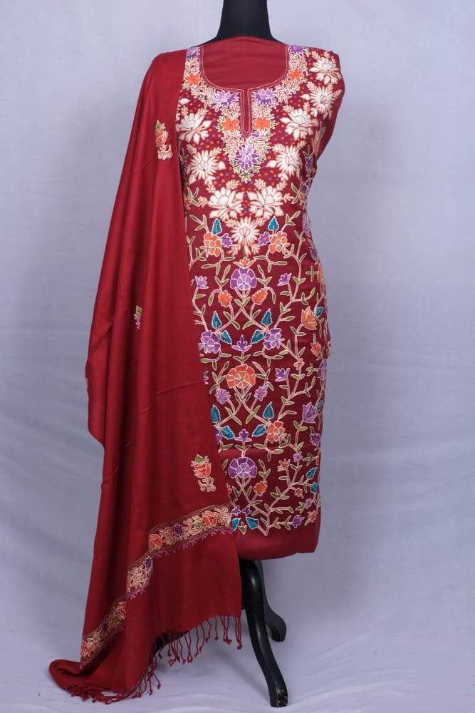 Maroon Color Kashmiri Aari Work Unstitched Woollen Suit