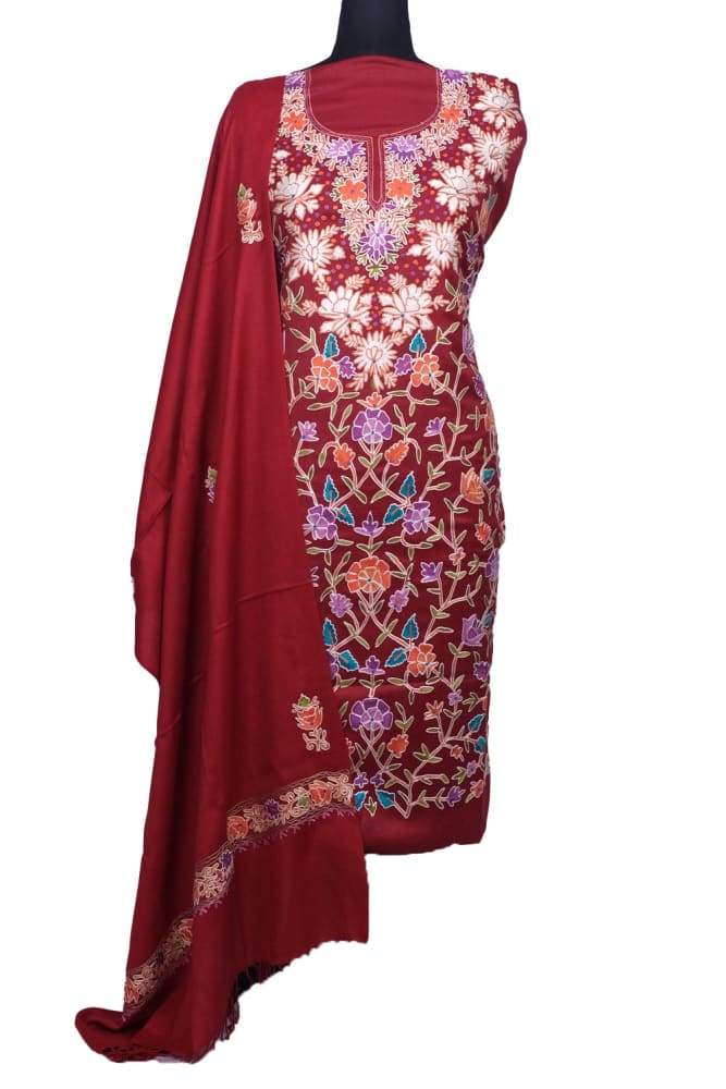 Maroon Color Kashmiri Aari Work Unstitched Woollen Suit
