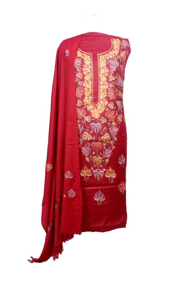 Maroon Color Kashmiri Aari Work Unstitched Woollen Suit