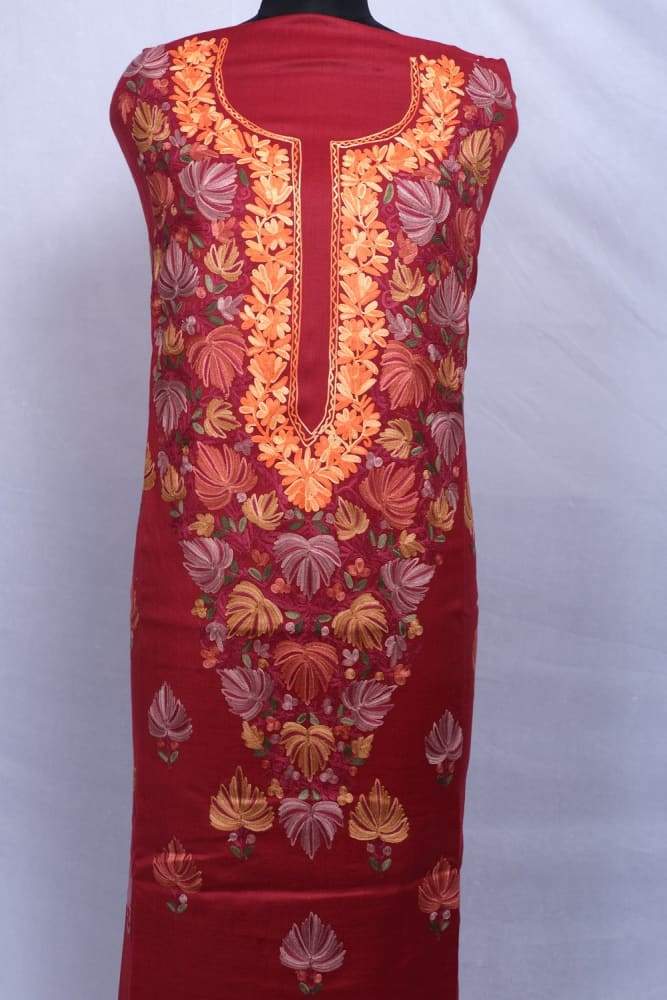Maroon Color Kashmiri Aari Work Unstitched Woollen Suit