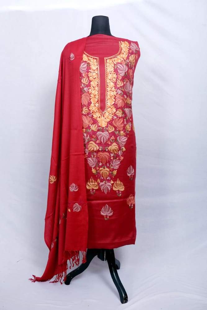 Maroon Color Kashmiri Aari Work Unstitched Woollen Suit