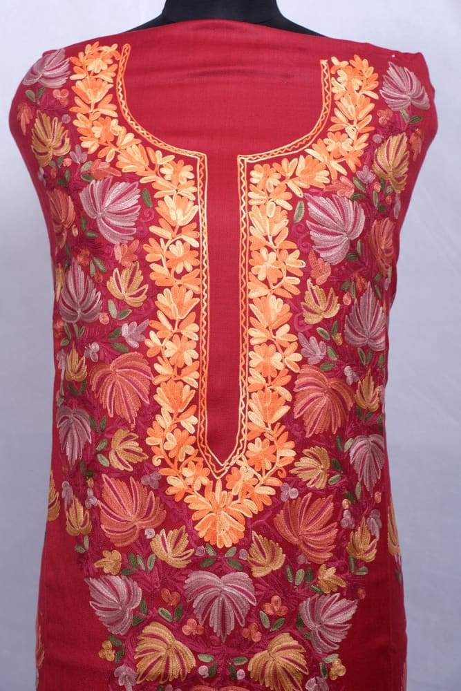 Maroon Color Kashmiri Aari Work Unstitched Woollen Suit