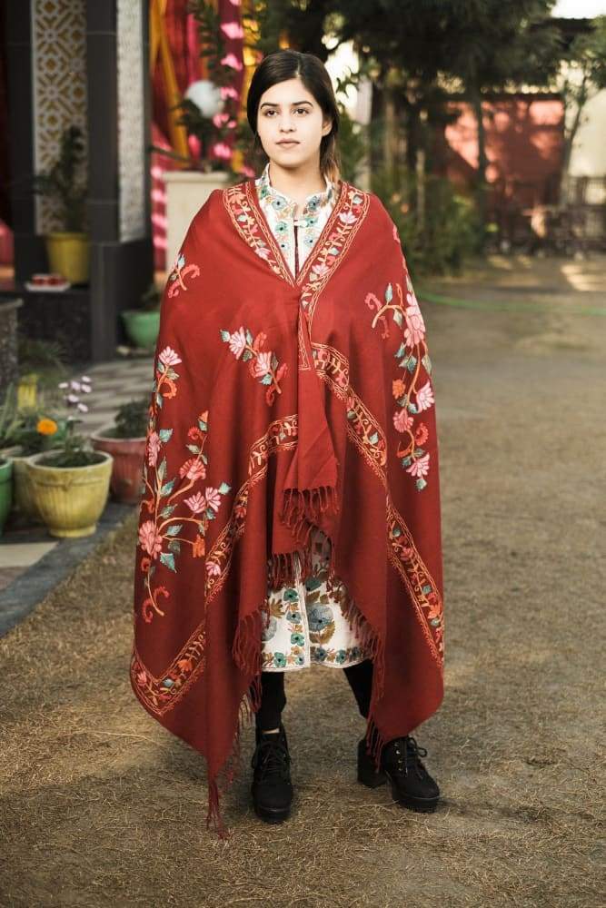 Maroon Color Kashmiri Shawl With Aari Jaal Gives A Trendy