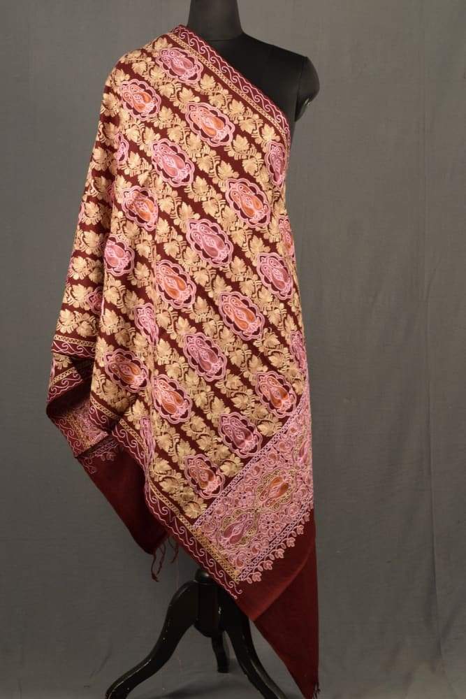 Maroon Color Kashmiri Work Embroidered Stole Enriched