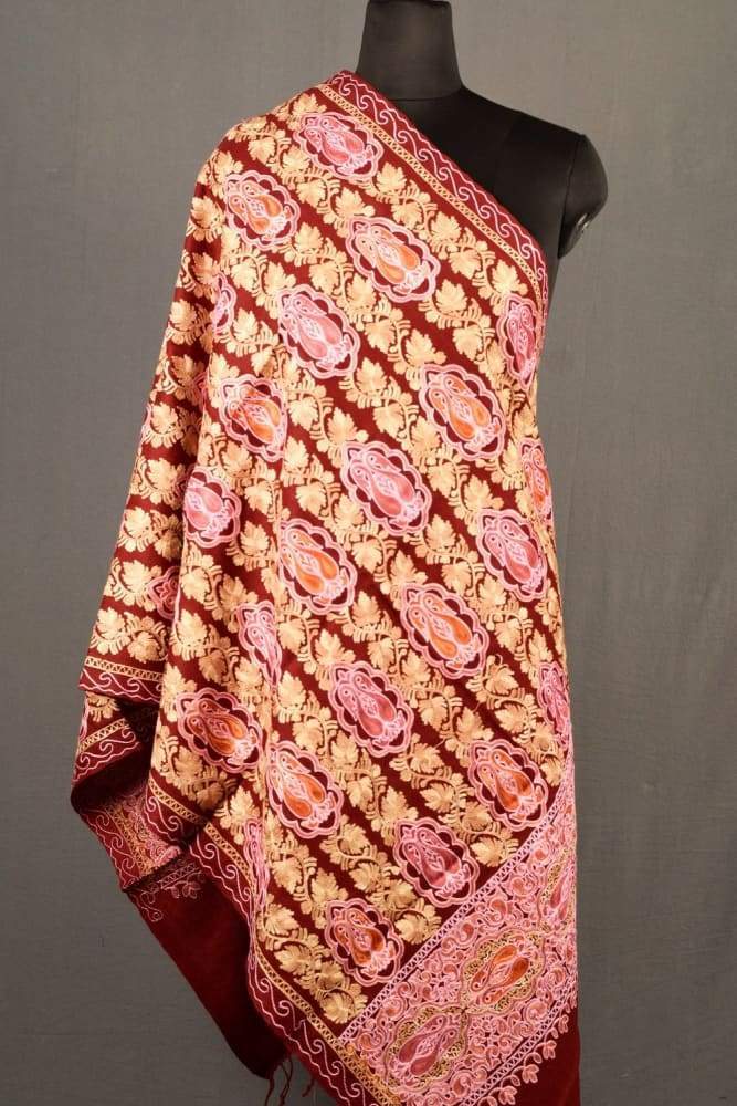 Maroon Color Kashmiri Work Embroidered Stole Enriched