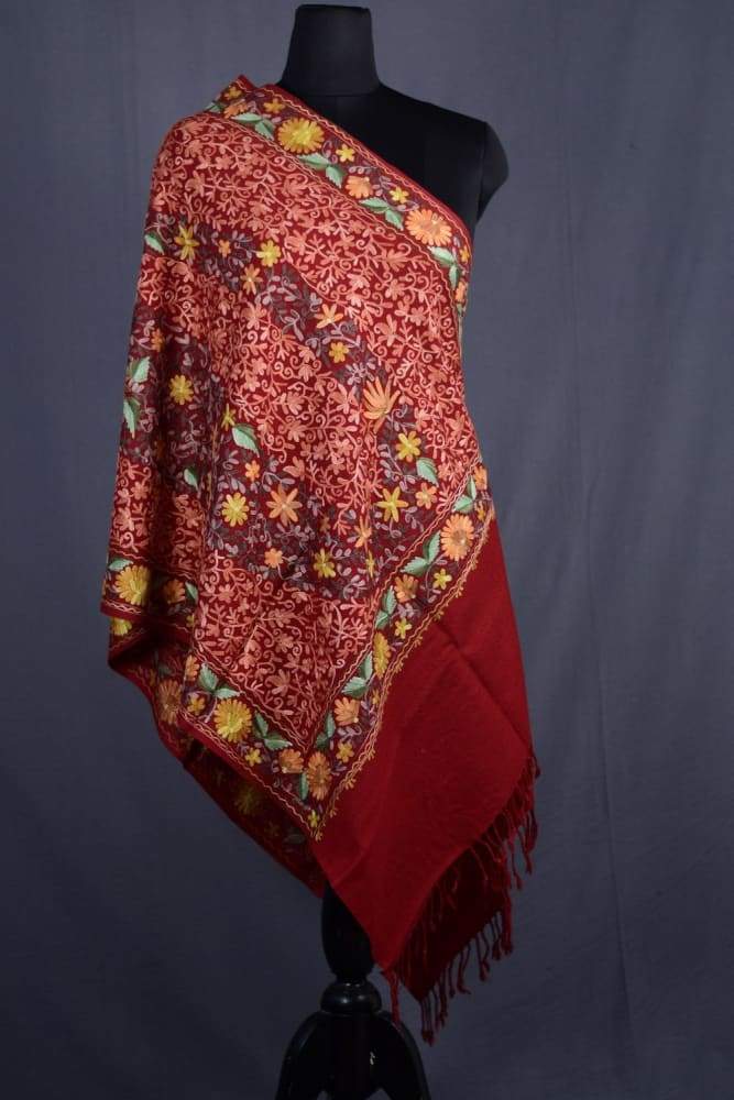Maroon Color Kashmiri Work Embroidered Stole Enriched