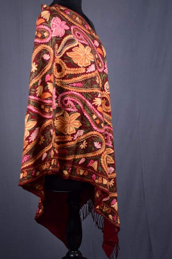 Maroon Color Kashmiri Work Embroidered Stole Enriched