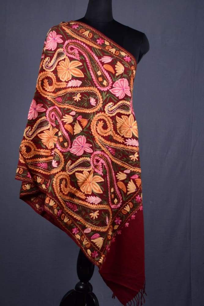 Maroon Color Kashmiri Work Embroidered Stole Enriched