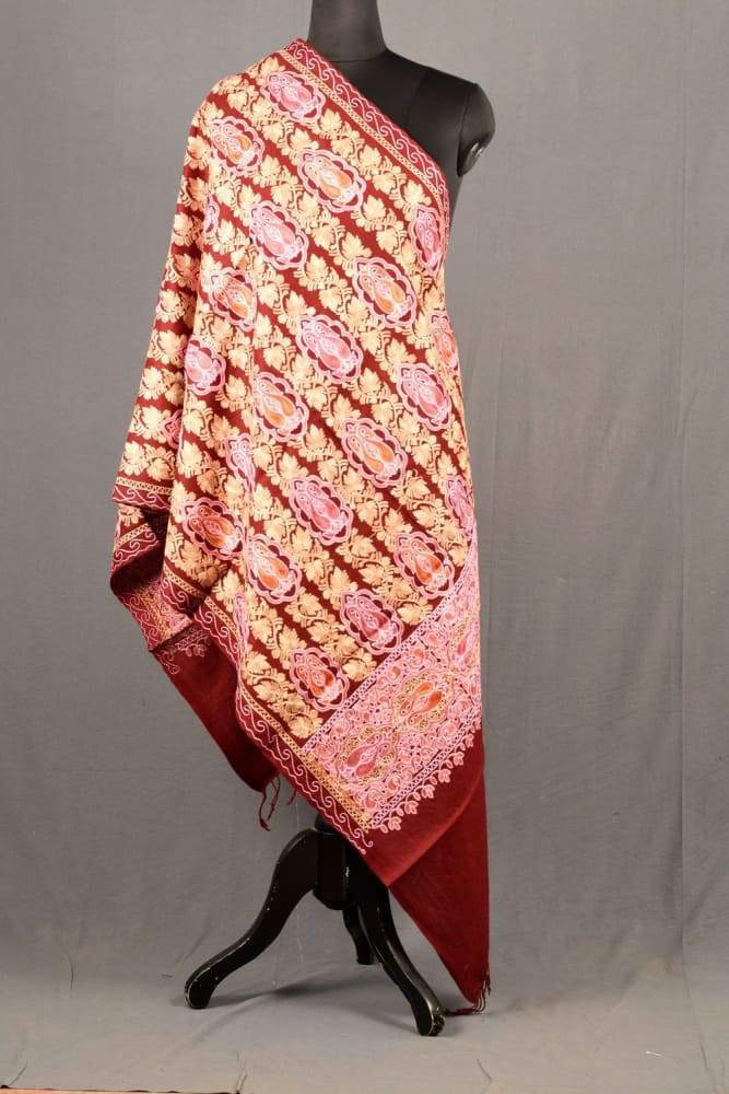 Maroon Color Kashmiri Work Embroidered Stole Enriched