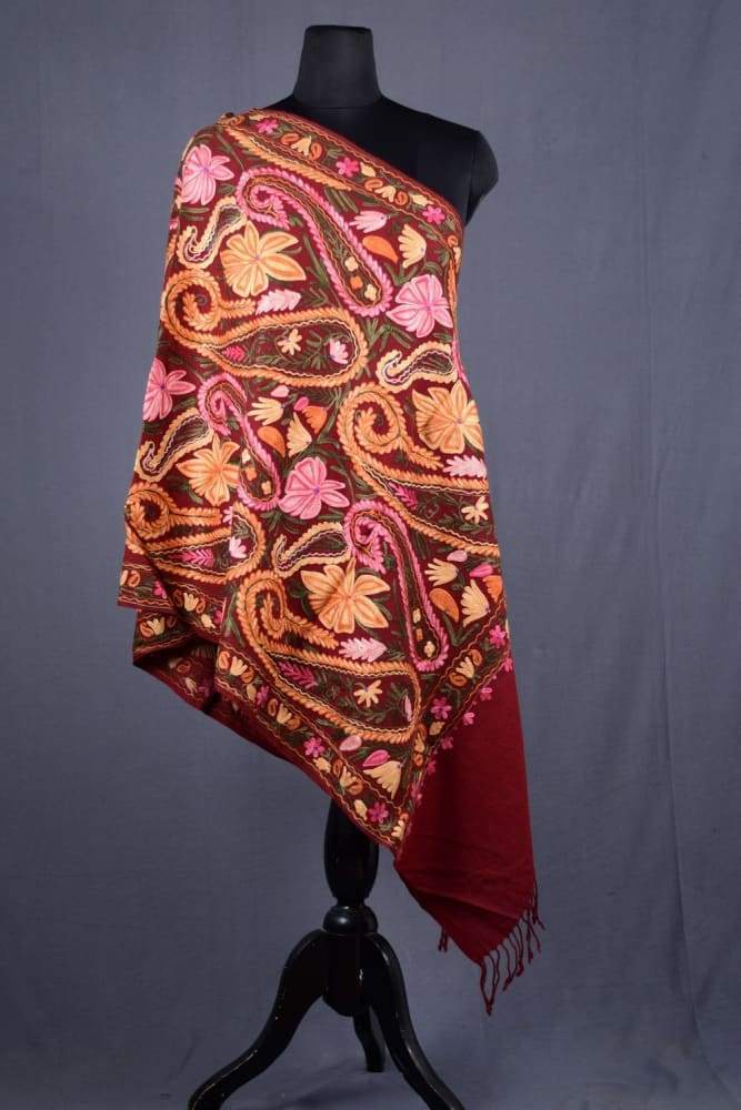 Maroon Color Kashmiri Work Embroidered Stole Enriched