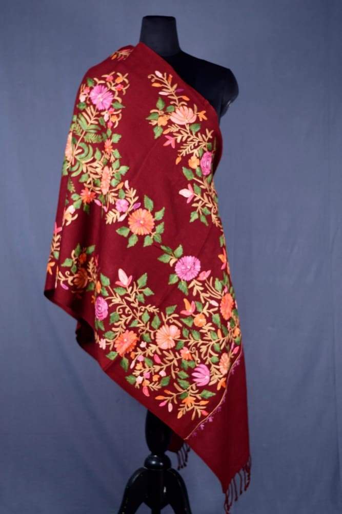 Maroon Color Kashmiri Work Embroidered Stole Enriched