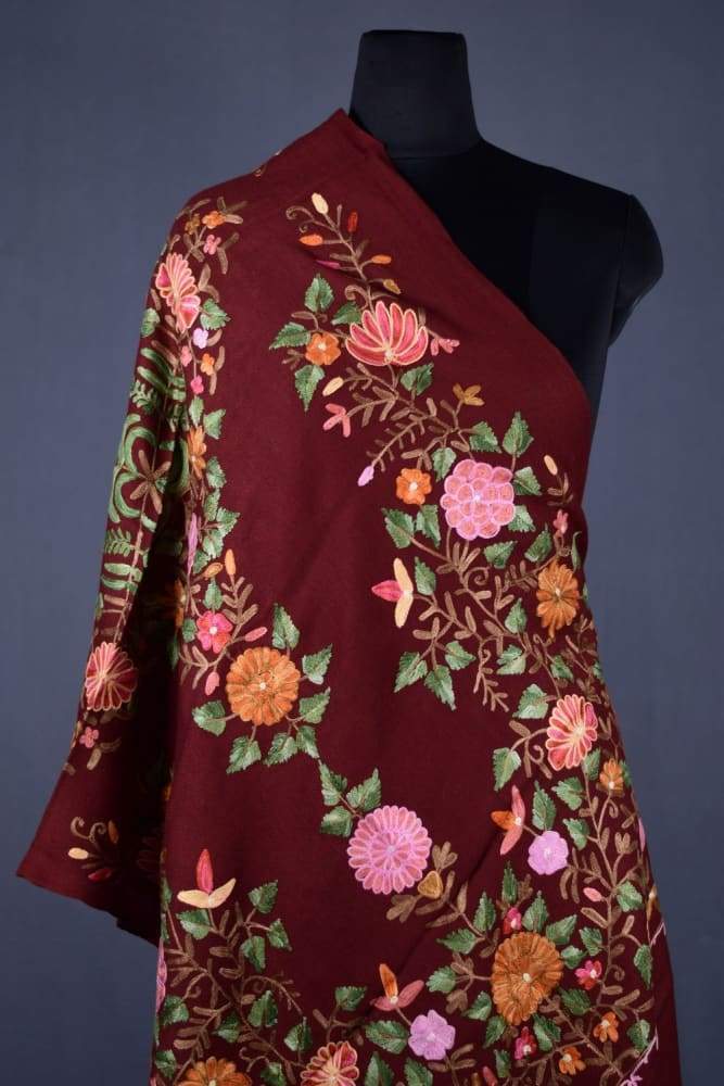 Maroon Color Kashmiri Work Embroidered Stole Enriched