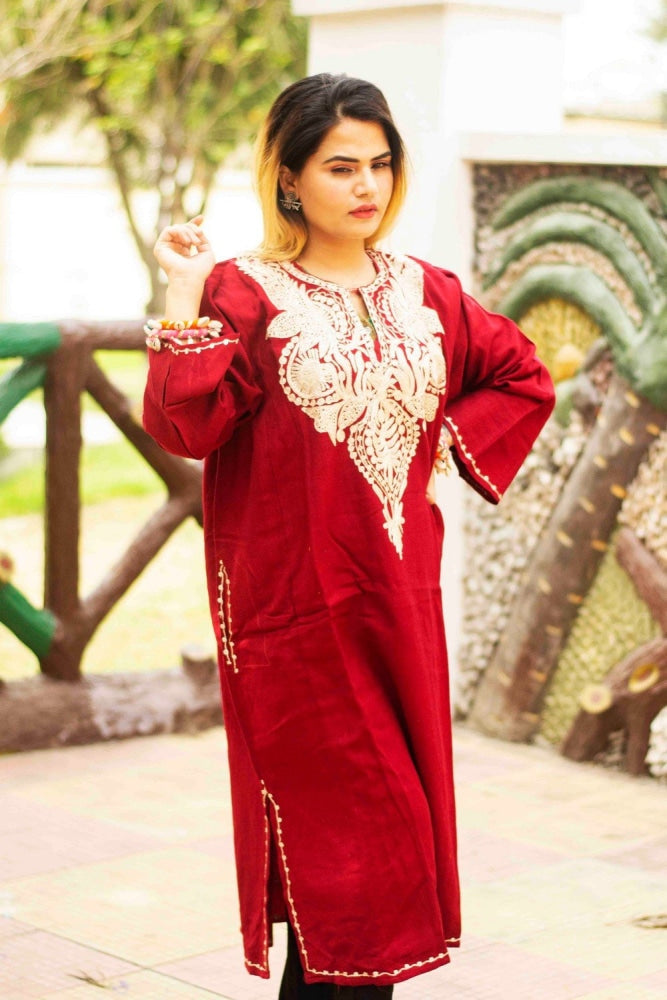 Maroon Color Kashmiri Zari Work Embroidered Phiran Enriched