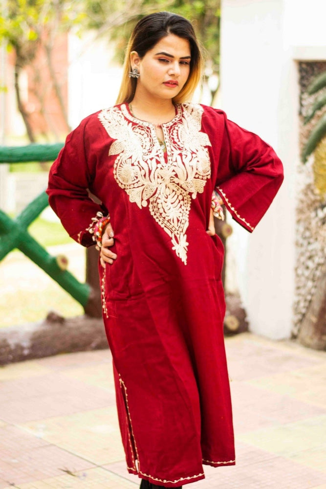 Maroon Color Kashmiri Zari Work Embroidered Phiran Enriched