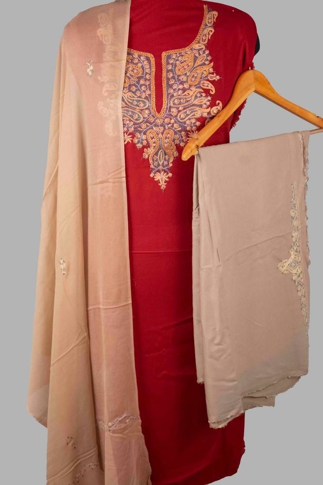 Maroon Color Rayon Cotton Sozni Work Unstitched Suit Fabric