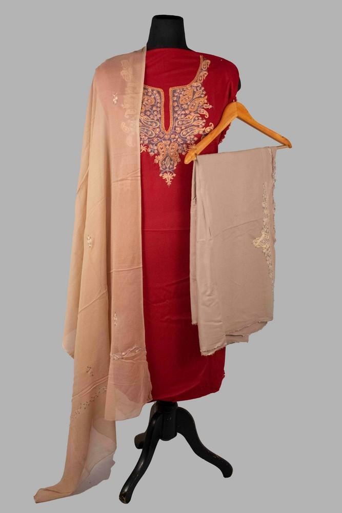 Maroon Color Rayon Cotton Sozni Work Unstitched Suit Fabric