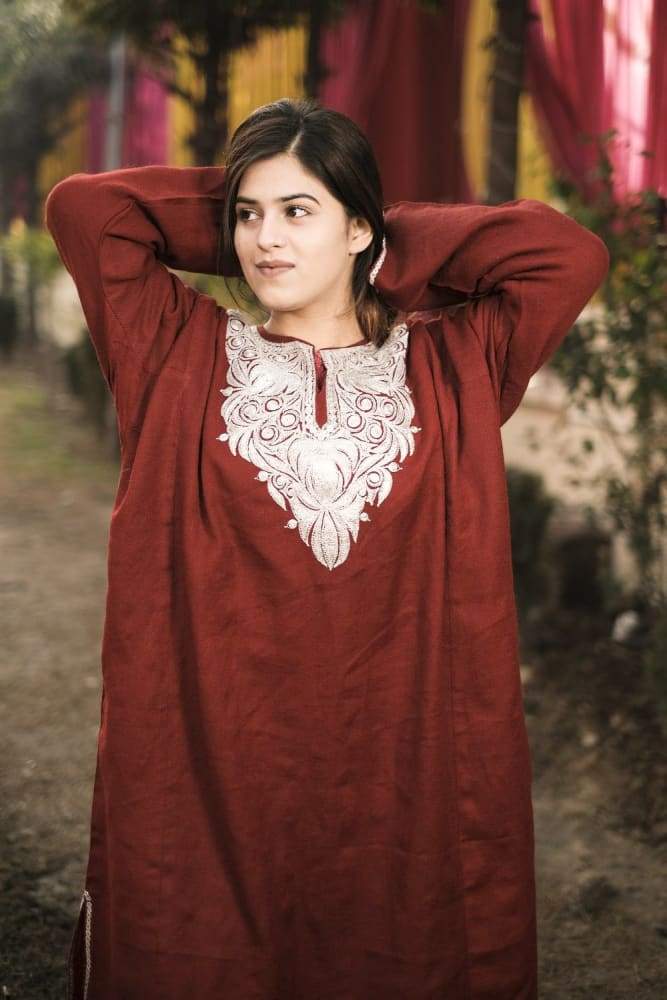 Maroon Color Tila Work Phiran Enriched Designer Neckline