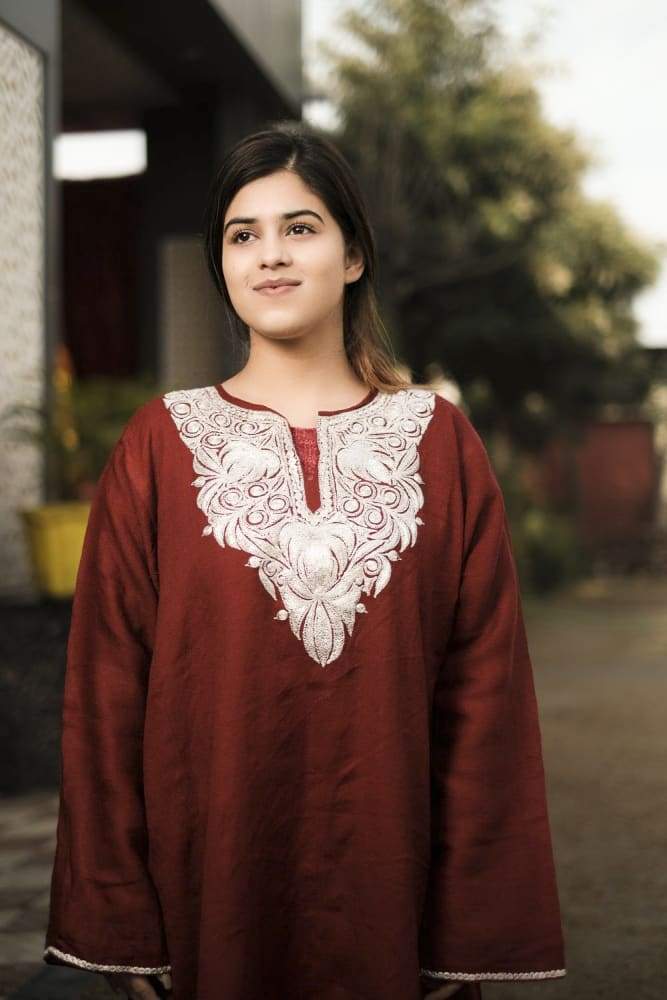 Maroon Color Tila Work Phiran Enriched Designer Neckline