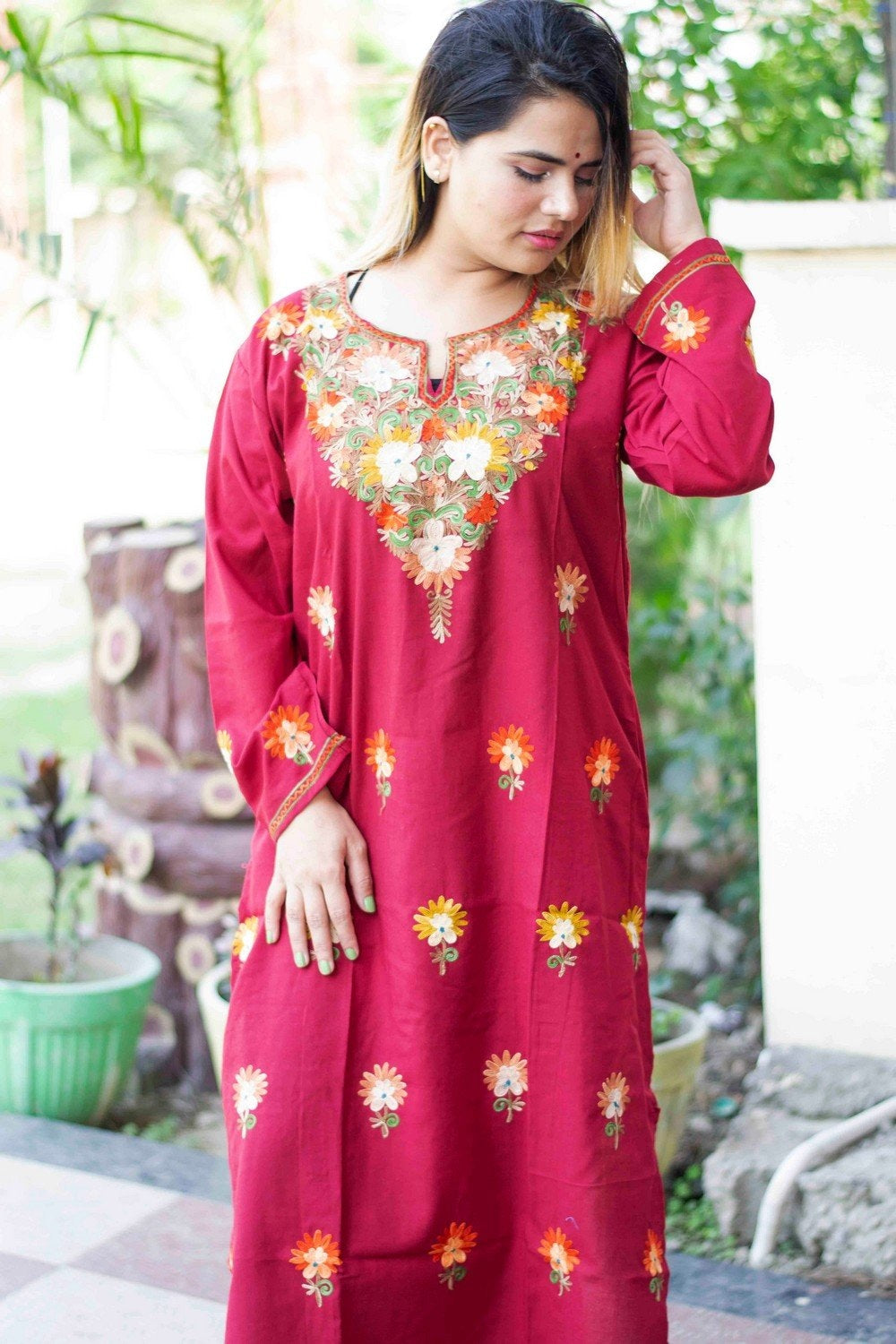 Maroon Colour Cotton Kurti With Beautiful Aari Embroidery