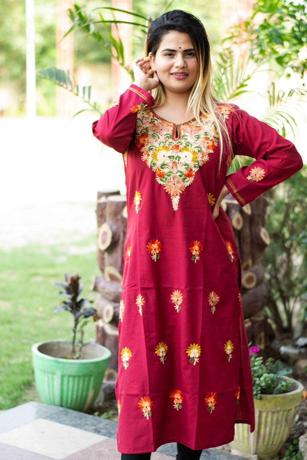 Maroon Colour Cotton Kurti With Beautiful Aari Embroidery