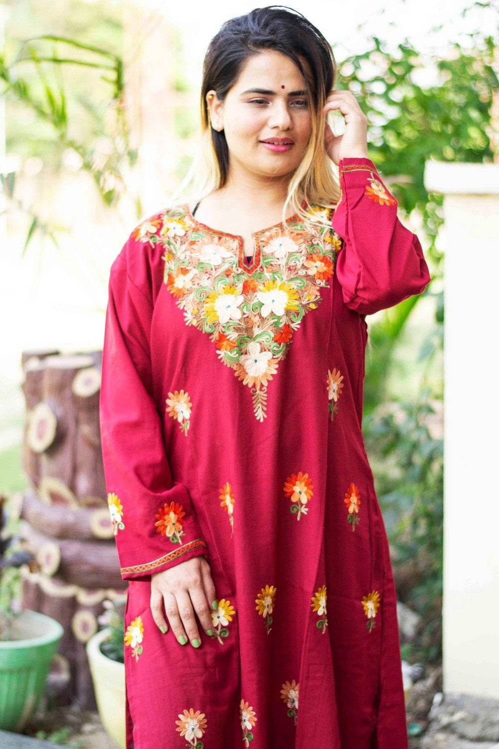 Maroon Colour Cotton Kurti With Beautiful Aari Embroidery