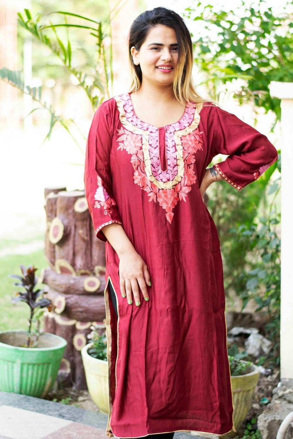 Maroon Colour Cotton Kurti With Beautiful Aari Embroidery