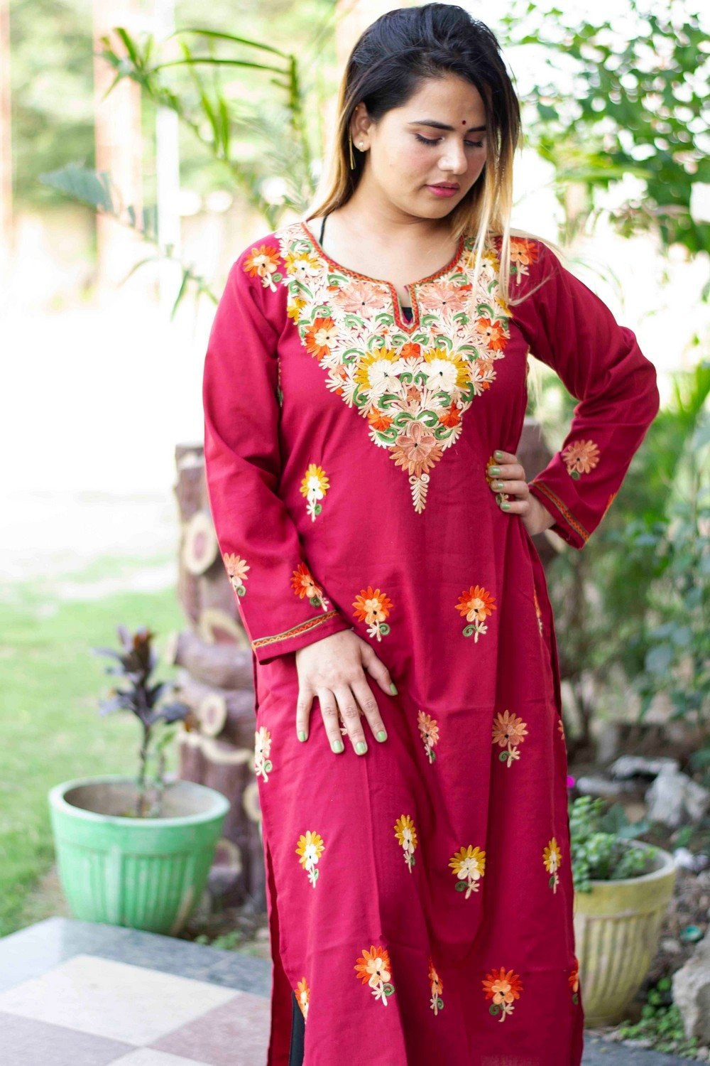 Maroon Colour Cotton Kurti With Beautiful Aari Embroidery