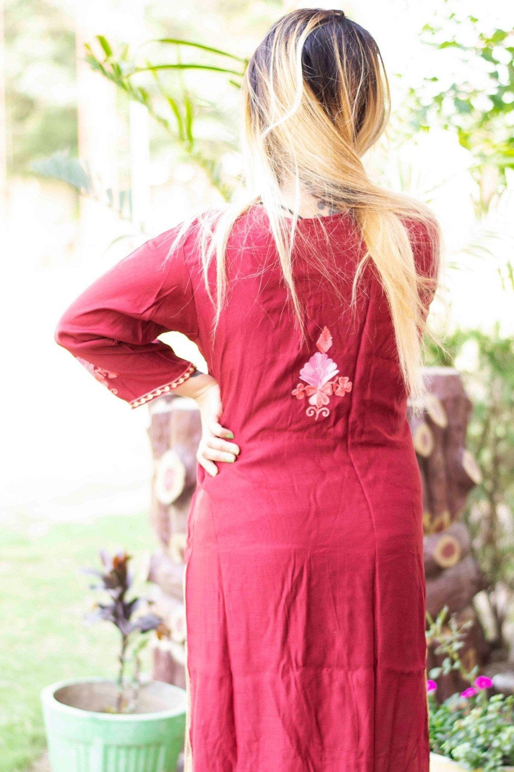 Maroon Colour Cotton Kurti With Beautiful Aari Embroidery