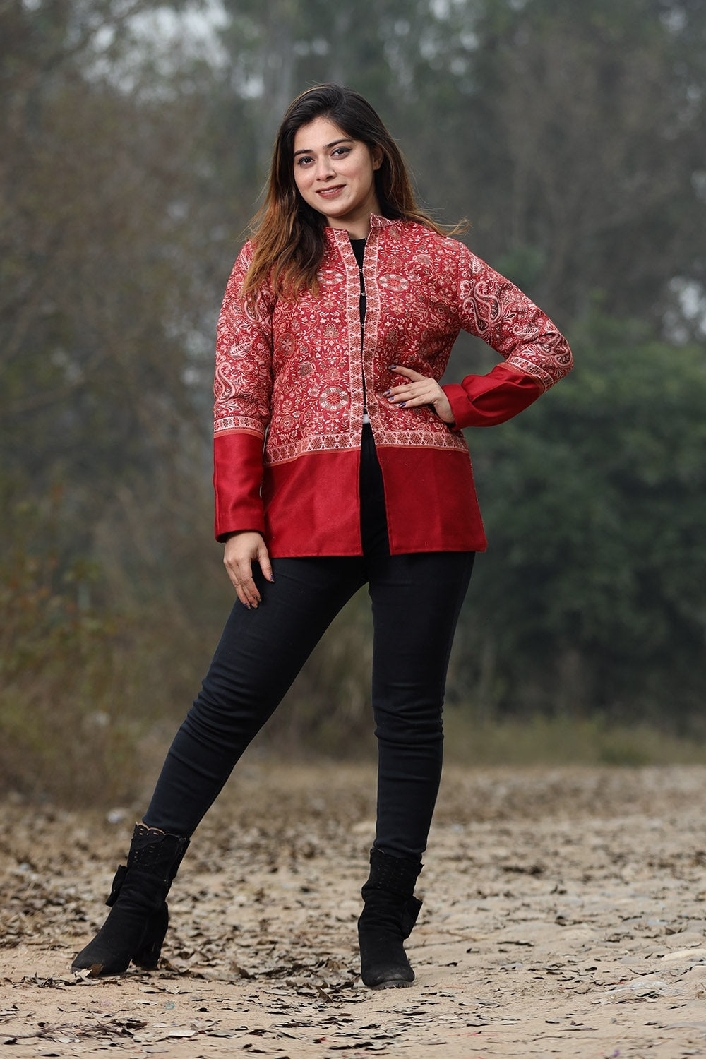 Maroon Colour Jamawar Woven Jacket With Beautiful Designer