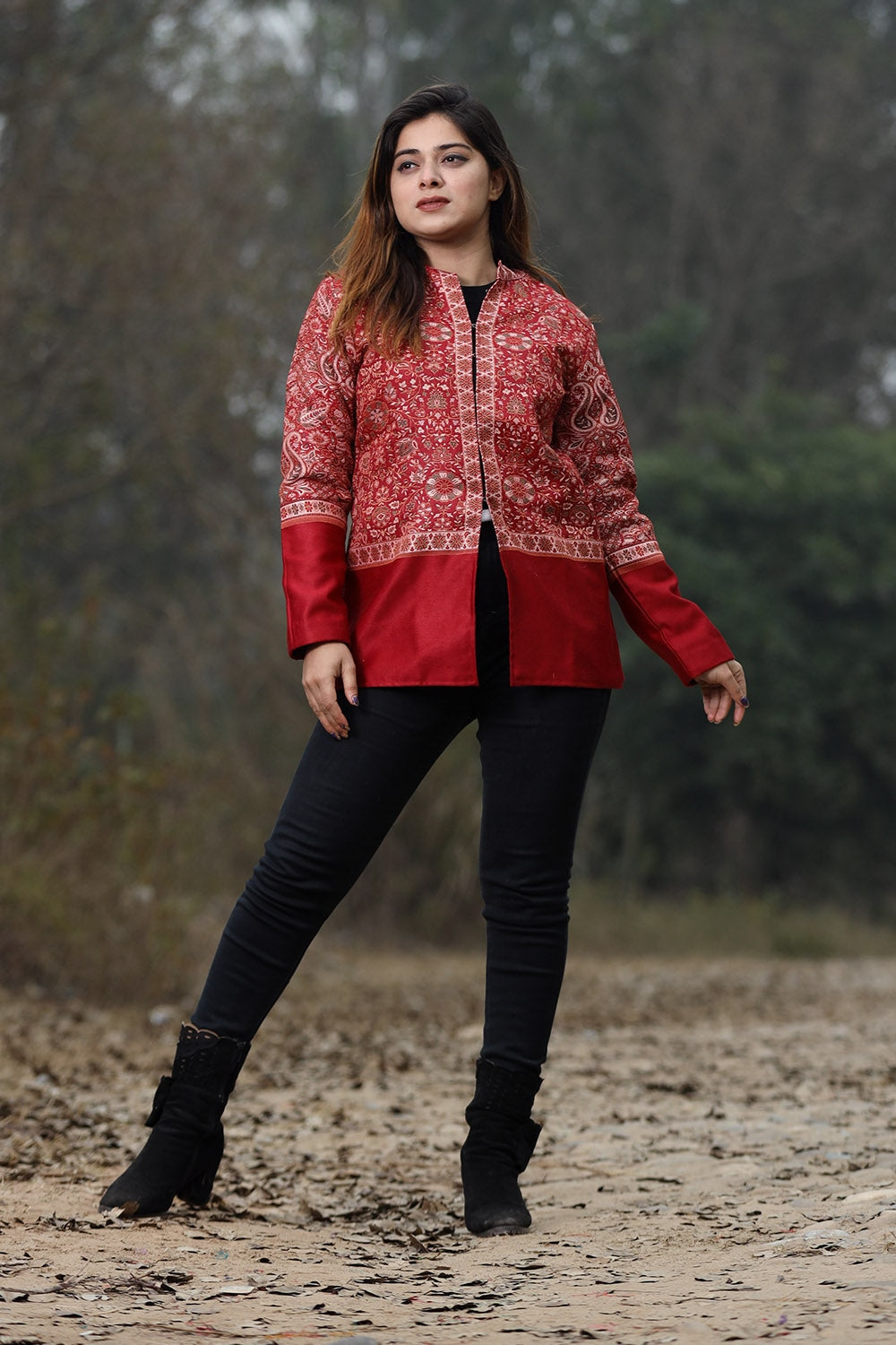 Maroon Colour Jamawar Woven Jacket With Beautiful Designer