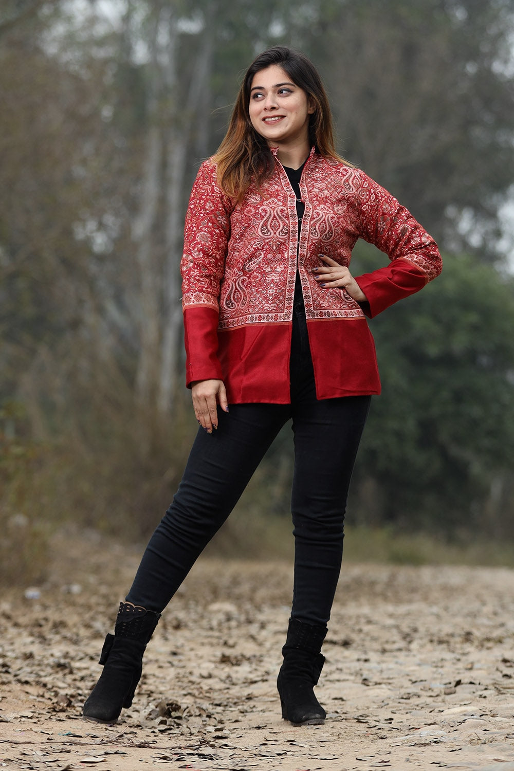 Maroon Colour Jamawar Woven Jacket With Beautiful Designer