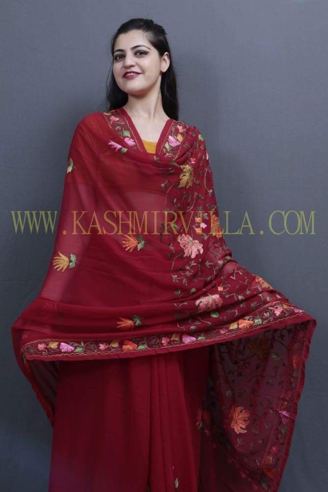 Maroon Colour Kashida Work Saree With Wonderful Designing