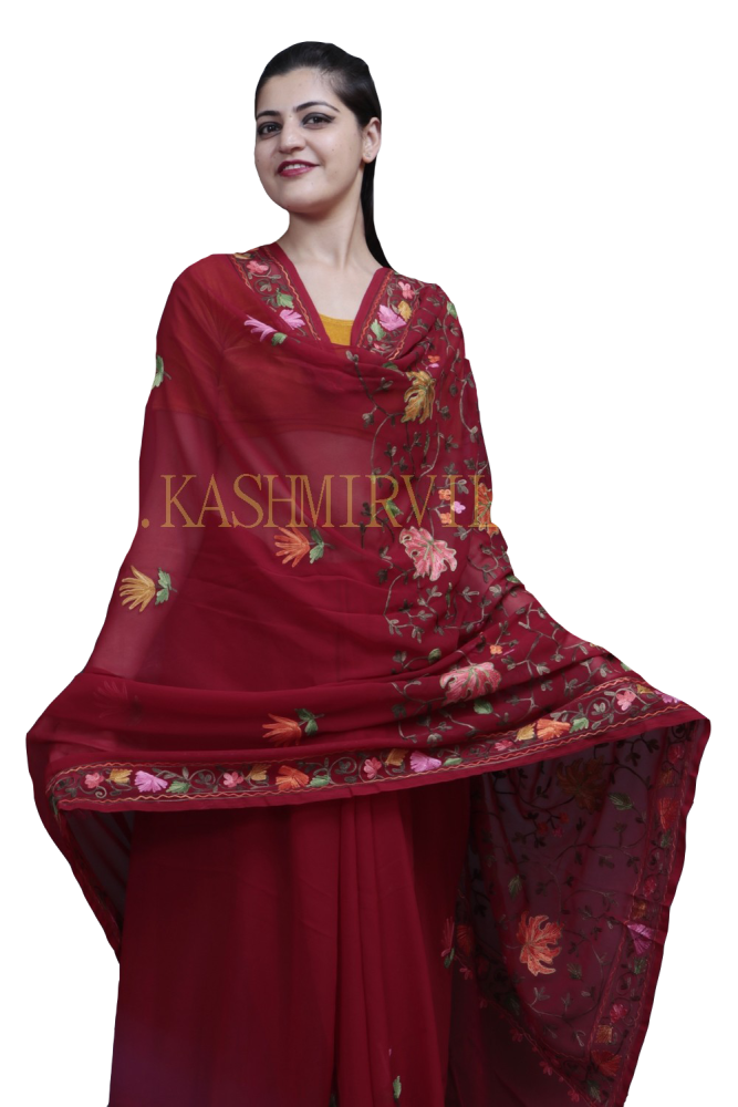 Maroon Colour Kashida Work Saree With Wonderful Designing