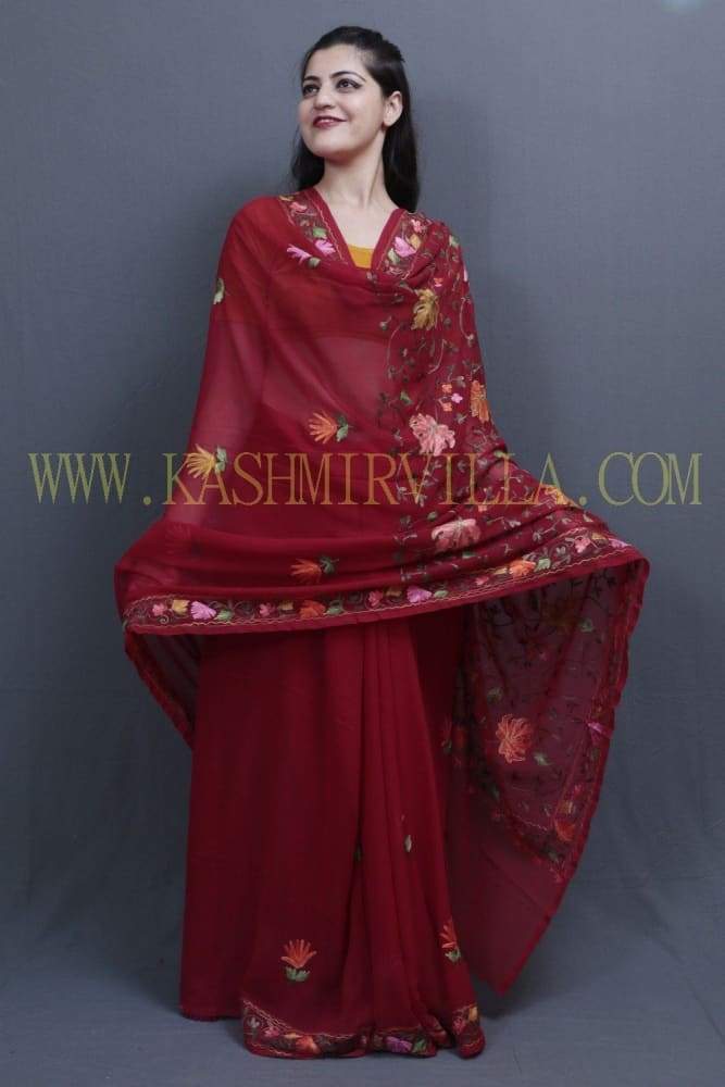 Maroon Colour Kashida Work Saree With Wonderful Designing