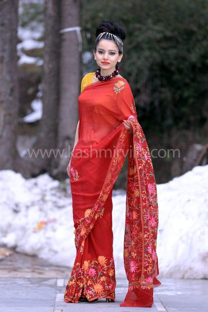 Maroon Colour Kashmiri Aari Work Embroidered Sarees