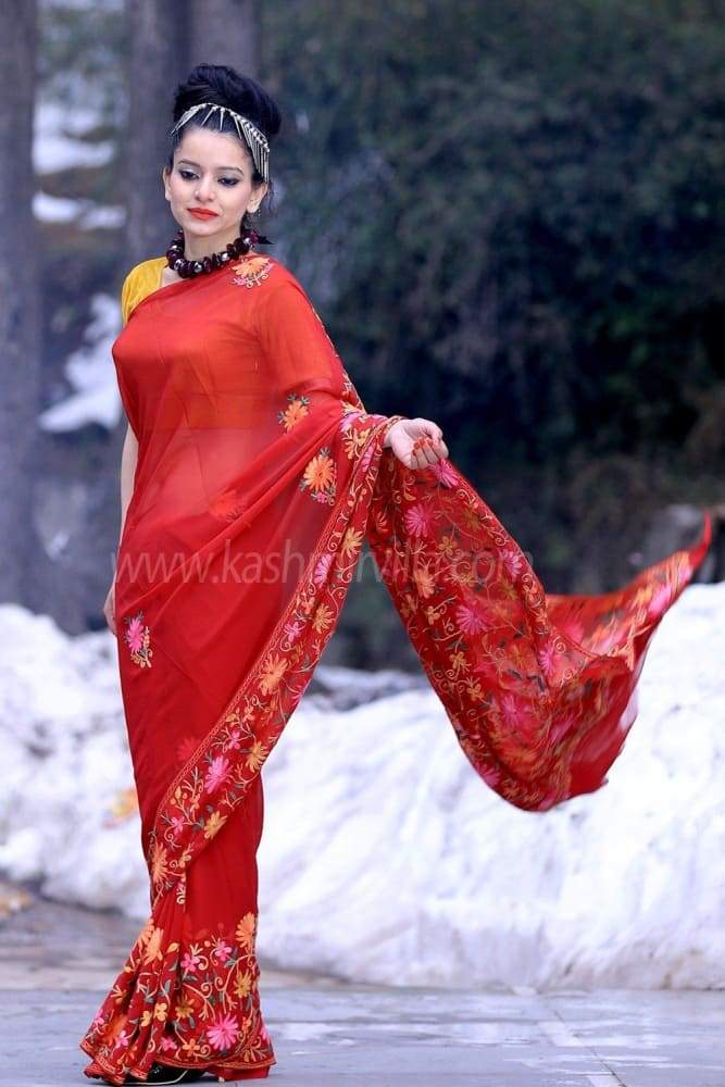 Maroon Colour Kashmiri Aari Work Embroidered Sarees