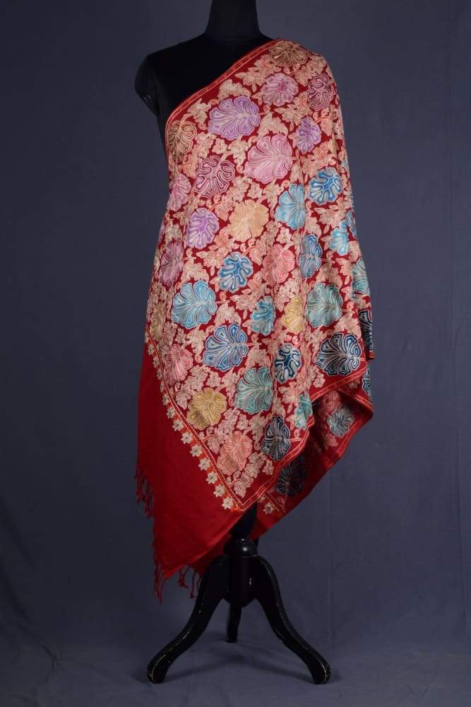 Maroon Colour Kashmiri Aari Work Stole With Exclusive