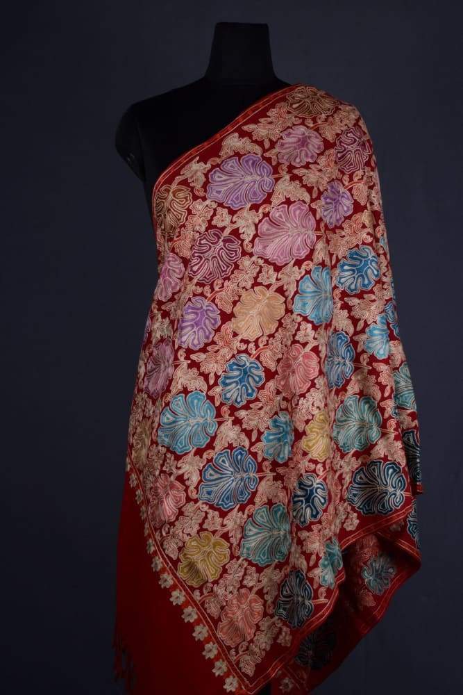 Maroon Colour Kashmiri Aari Work Stole With Exclusive