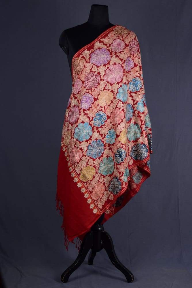 Maroon Colour Kashmiri Aari Work Stole With Exclusive