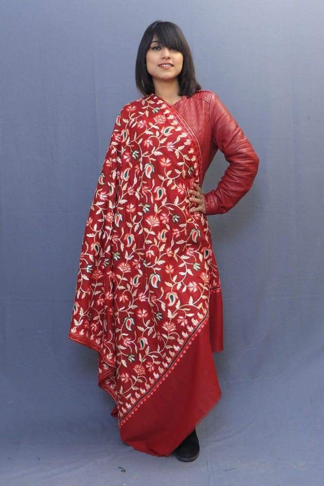Red Colour Kashmiri Shawl With Aari Jaal Gives A Trendy