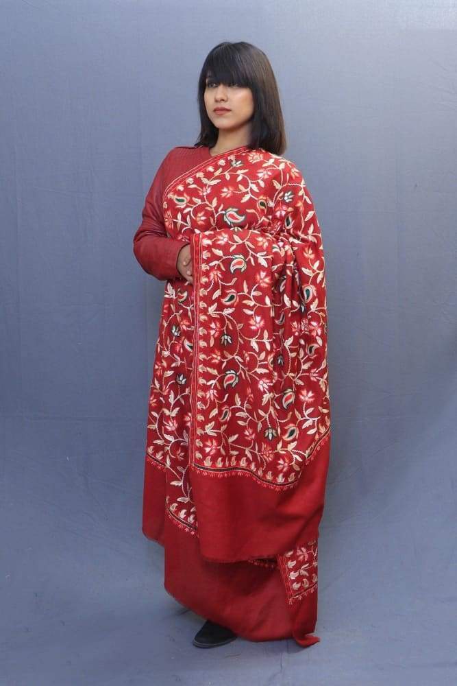 Red Colour Kashmiri Shawl With Aari Jaal Gives A Trendy