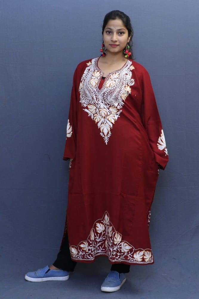 Maroon Colour Phiran With Kashmiri Aari Embroidery Looks