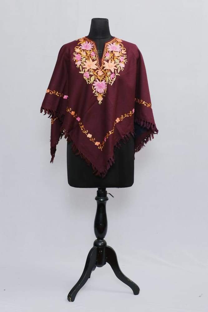 Maroon Colour Ponchu With Elegant Kashmiri Embroidery.