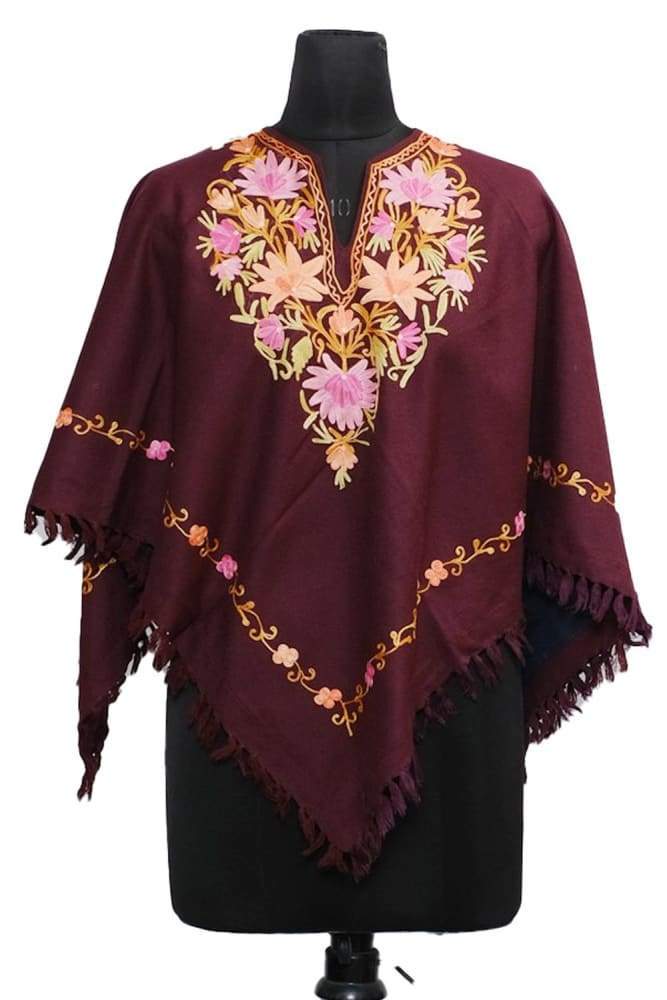 Maroon Colour Ponchu With Elegant Kashmiri Embroidery.