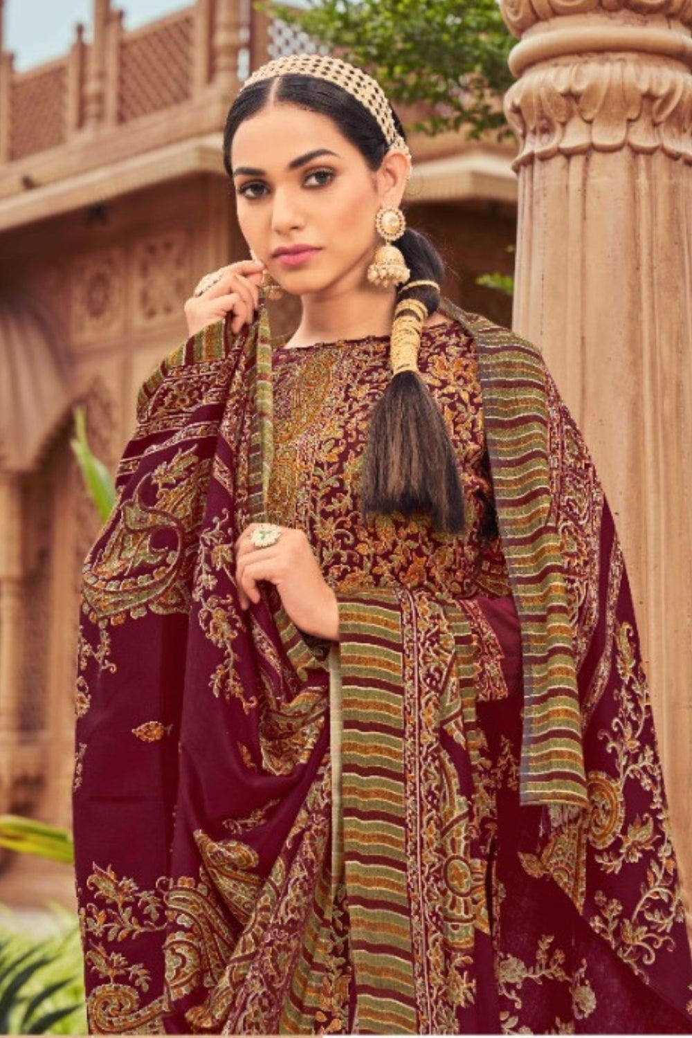 Maroon Colour Printed Woolen Unstitched Suit Fabric