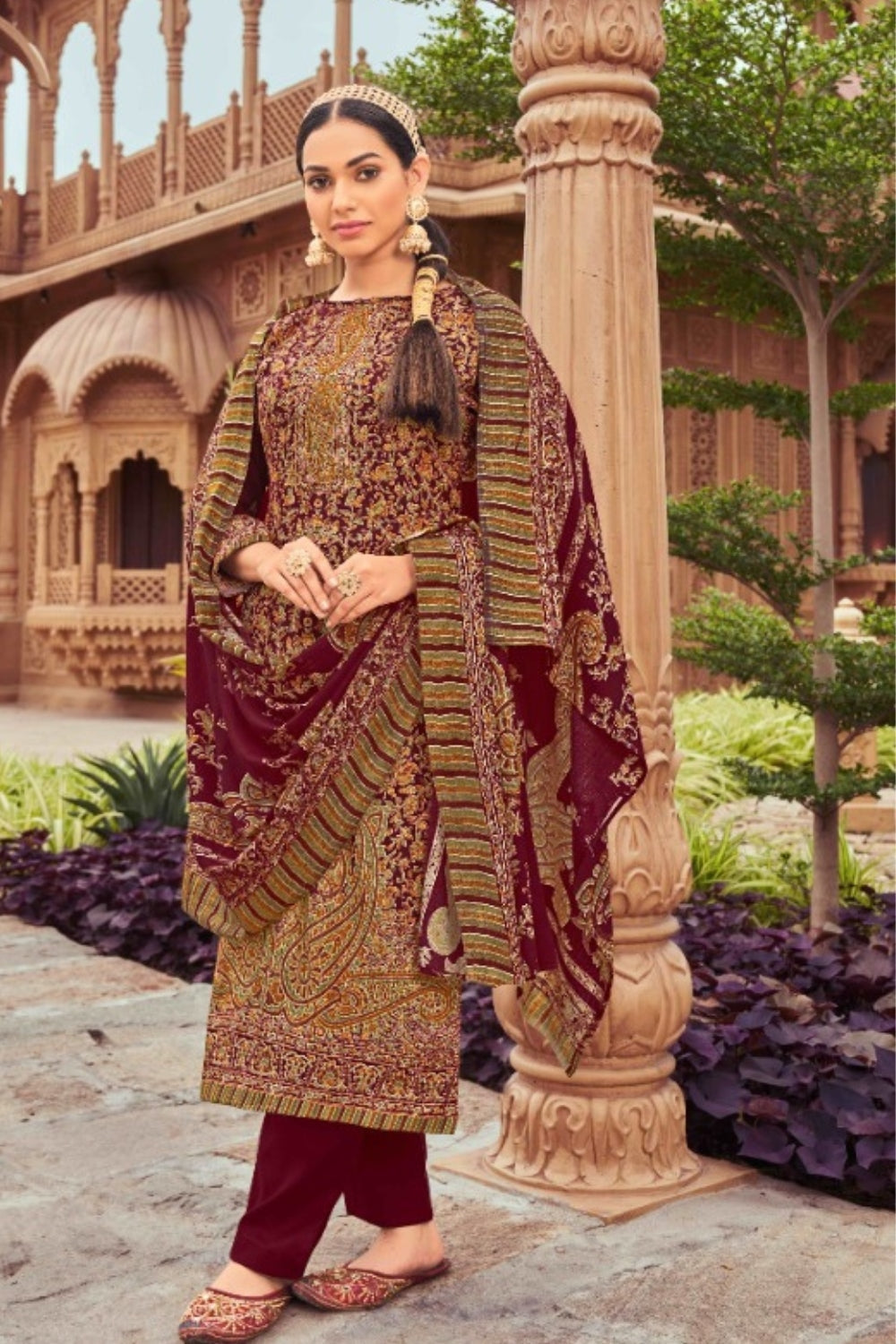 Maroon Colour Printed Woolen Unstitched Suit Fabric