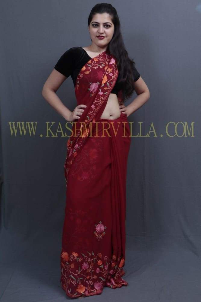 Maroon Colour Saree With Dense Aari Jaal On Pallu