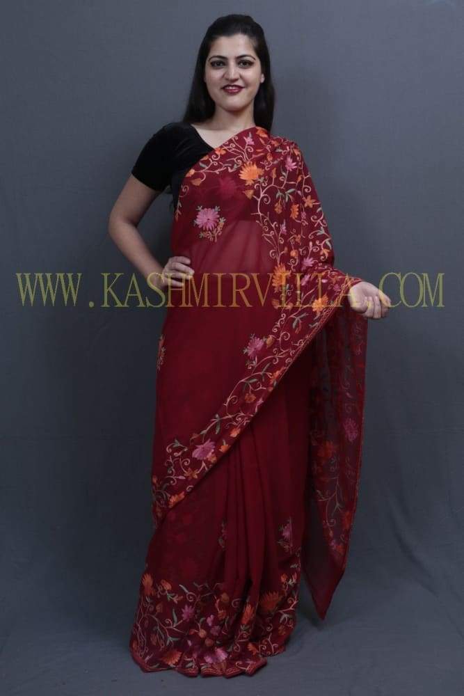 Maroon Colour Saree With Dense Aari Jaal On Pallu