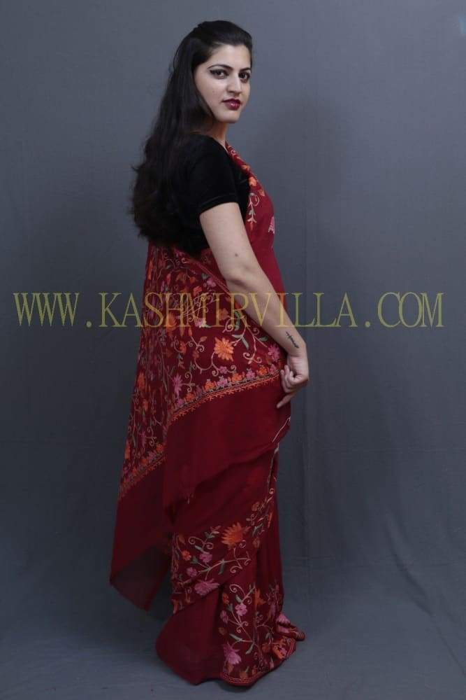Maroon Colour Saree With Dense Aari Jaal On Pallu