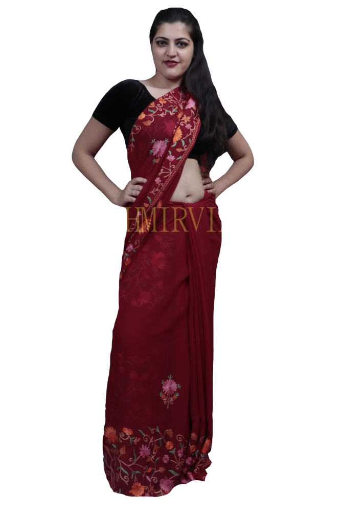 Maroon Colour Saree With Dense Aari Jaal On Pallu